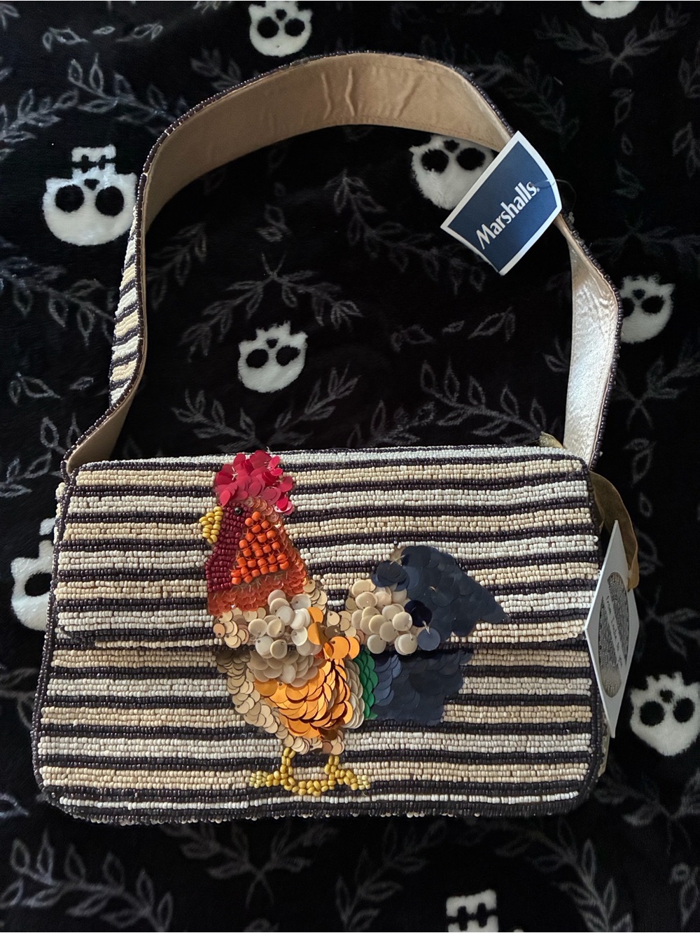 Marshalls Striped Sequin Rooster Shoulder Bag in Black, Cream, and multicolored